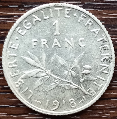 (A1048) MONEDA DIN ARGINT FRANTA - 1 FRANC 1918, SEMANATOAREA foto