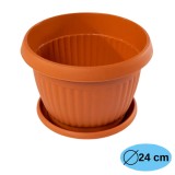 Ghiveci rotund cu tava, maro teracota, plastic, diametru 24 cm