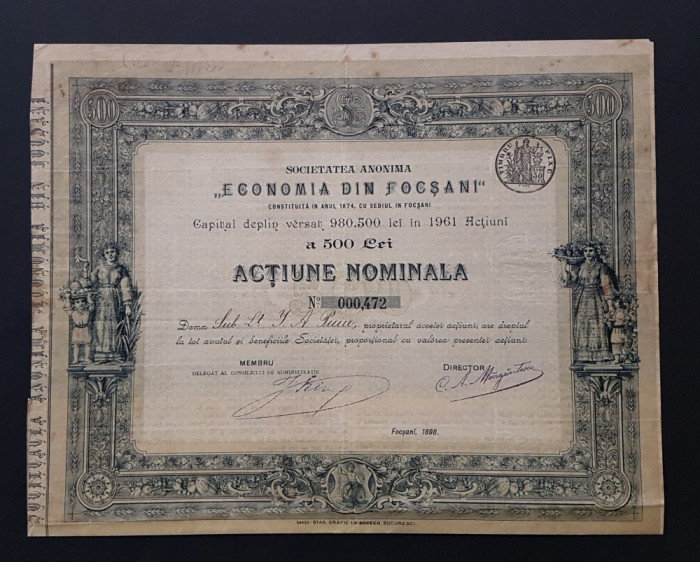 Actiune rara 1898 Economia din Focsani , titlu , actiuni