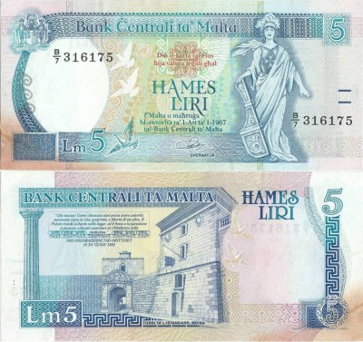 1989, 5 Liri (P-42) - Malta - stare aUNC foto