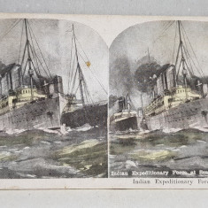 NAVE DIN FORTA EXPEDITIONARA INDIANA PE MARE , FOTOGRAFIE STEREOSCOPICA , POLICROMA, PE CARTON , PRIMUL RAZBOI MONDIAL