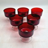 set de 6 pahare pt sampanie LUMINARC Franta anii 1960 sticla rosu rubin cu picior transparent seria CAVALIER RUBY RED