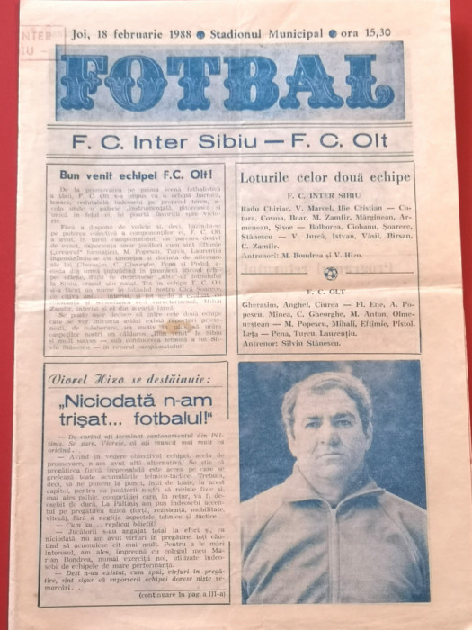 Program meci fotbal FC INTER SIBIU - FC OLT (18.02.1988)