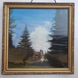 Tablou cu rama de lemn, poza castel brazi, 42x42 cm. latime rama 3.5 cm, Natura statica, Acuarela, Altul