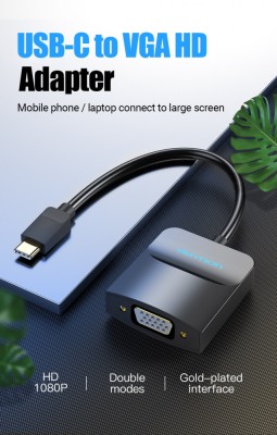 Convertor video Vention, USB Type-C(T) la VGA (M), 0.15m, rezolutie maxima 1080p la 60 Hz, conectori auriti, cupru, invelis PVC, negru, &amp;quot;TDDBB&amp;quot; (timbr foto