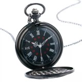 Ceas de buzunar vintage, JustZEN&trade;, cu lant, negru, Quartz, cu baterie