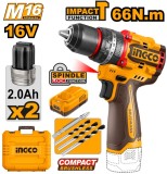 Bormasina cu Impact 16V 66Nm Brushless 2 Viteze 0-500/0-2000 rpm Mandrina Metalica 13mm 30000 bpm 22+1+1 Trepte Cuplu CIDLI166062 cu 2 Acumulatori 2Ah