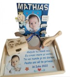 Set Tavita Mot Personalizat cu Poza si Text, 6 Piese - Trusou Botez Copii, Cutie Lemn, Ban Argint, Rama Foto, Perie, Oglinda