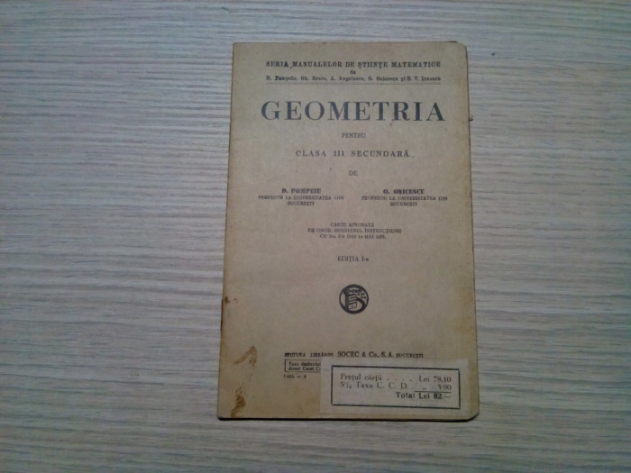 GEOMETRIA pentru Clasa III Secundara - D. Pompeiu, O. Onicescu -1935, 59 p.