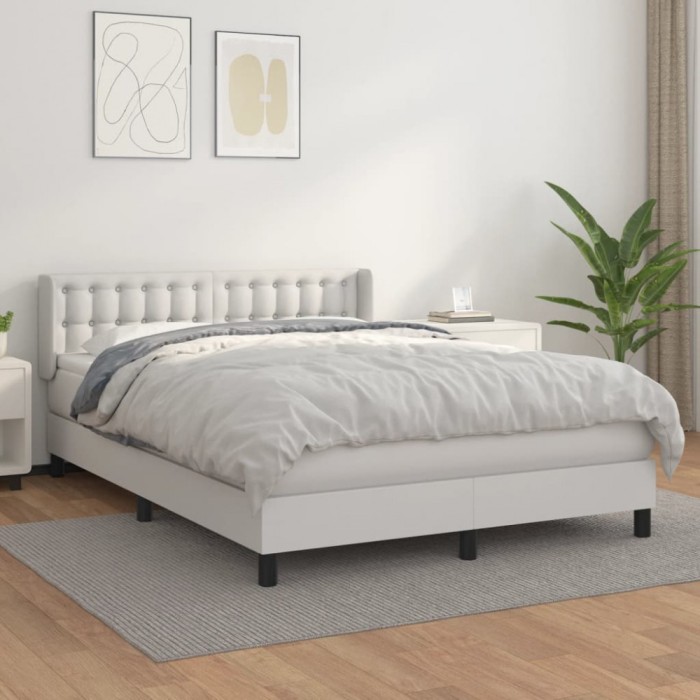 vidaXL Pat box spring cu saltea, alb, 140x200 cm, piele ecologică 3130782