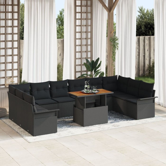 Set canapea gradina Gossi 11 piese perne poliratan negru, canapea gradina Gossi 2 locuri depozitare perne poliratan negru