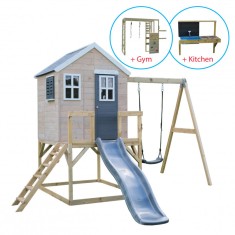 Casuta de gradina Grey Lodge cu tobogan, leagan, modul sport si bucatarie, Wendi Toys foto
