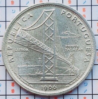 Portugalia 20 Escudos 1966 argint - Salazar Bridge - km 592 - A030 foto