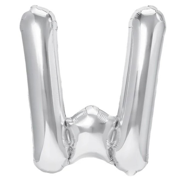 Balon folie metalizata litera w, flippy, 40 cm, umflati cu heliu sau aer, ambalaj individual, pai inclus, argintiu