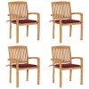 Set 4 Scaune Gradina Stivuibile Lemn Tec, Perne Rosu Vin, Exterior, Rezistent Intemperii, 60x57.5x90 cm