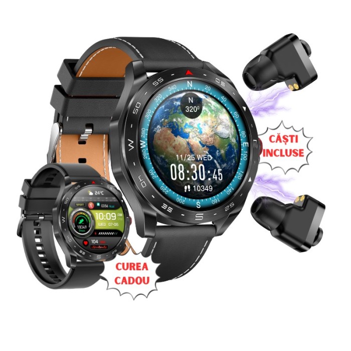 Ceas Smartwatch 2 &icirc;n 1 cu Căști Bluetooth, Apeluri, Notificări, SMS, Sincronizare Telefon, Monitorizare Sănătate, Căști Wireless TWS, Display IPS 1.52