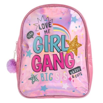 Ghiozdan Gradinita Roz Holografic &amp;rdquo;Girl Gang&amp;rdquo; cu Pompon foto