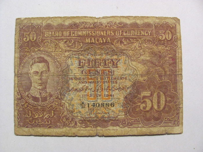 CY 50 cents centi 1941 Malaya / portret Rege George VI tatal Regina Elizabeth II