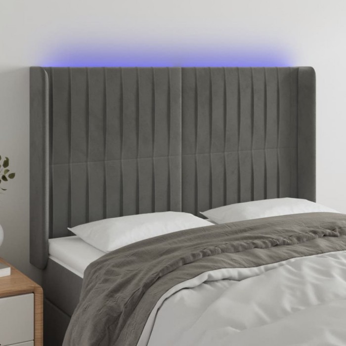 vidaXL Tăblie de pat cu LED, gri deschis, 147x16x118/128 cm, catifea 3124334