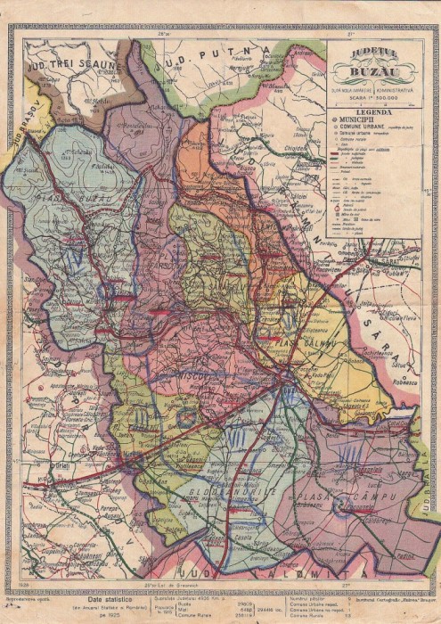 A3362N Hartă Județul Buzău după noua &icirc;mpărțire administrativă, 1928, Institutul Cartografic Unirea, Brașov