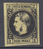 ROMANIA 1866 LP 18 a CAROL FAVORITI 2 PAR. HARTIE SUBTIRE NEGRU/GALBEN SARNIERA, Nestampilat