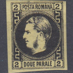 ROMANIA 1866 LP 18 a CAROL FAVORITI 2 PAR. HARTIE SUBTIRE NEGRU/GALBEN SARNIERA