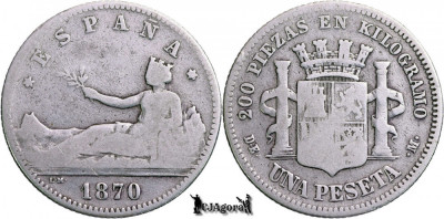 1870 DE-M, 1 Peseta - Guvernul Provizoriu - Spania | KM 653 foto