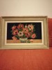 Tablou cusut mare Goblen vechi inramat buchet flori in vaza fundal negru rama lemn fara sticla total 69.5x47.5