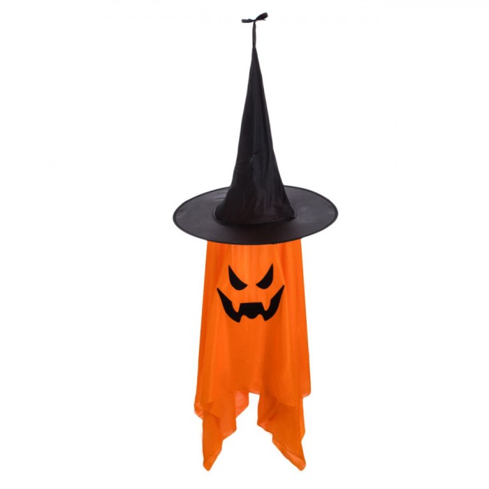 Felinar Suspendabil Halloween, Model Fantomă Dovleac, LED Alb Cald, Portocaliu, Negru, 38x100cm