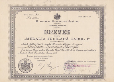 Brevet medalia jubiliara Carol I 1905 1906 foto