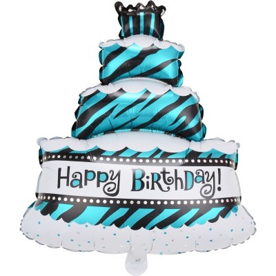 Balon din folie metalizata, flippy, model tort cu 4 straturi, balon aniversar, model happy birthday, 62x43 cm, ambalaj individual, pai inclus, umflar foto