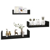 Set 3 Etajere Suspendate U MDF Negru Rafturi Moderne Design Elegant