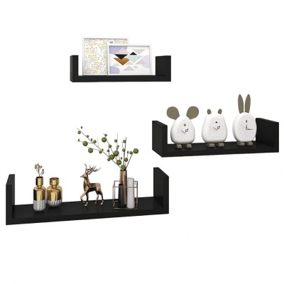 Set 3 etajere suspendate U, material MDF, negru foto