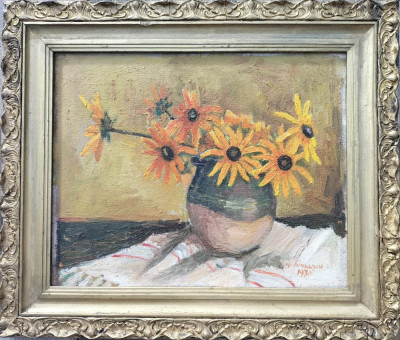 George Tomaziu (1915-1990)-Vas de lut cu floarea soarelui, pictură (1970) foto