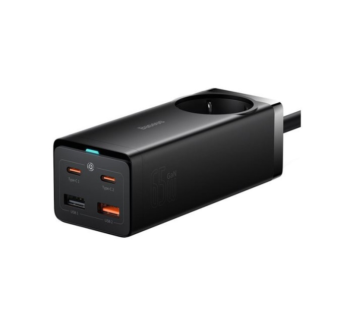 INCARCATOR RETEA Baseus GaN3 Pro Powerstrip, QC 65W, 1xAC, 2xUSB Type-C Output 5V/3A, 2xUSB, include cablu USB Type-C la USB Type-C 100W, 1m, negru &quot;P