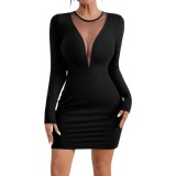 Rochie Bodycon Femei, Slim Fit, Plasa Contrast, Maneci Lungi, Negru - L