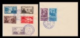 1951 Romania - 2 Suveniruri filatelice cu stampila speciala de la Expozitia Filatelica SIBIU, serii complete Apararea Patriotica + Ziua Minerului