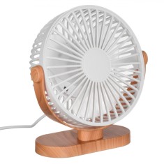Ventilator Birou USB, Albrus, Baza Efect Lemn, Alb, 3 Viteze, 16cm