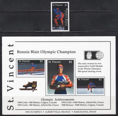 St. Vincent 1992 - Campioana olimpică Bonnie Blair, Serie + Bloc, MNH foto