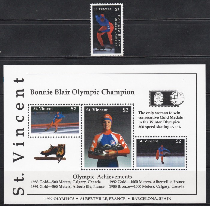St. Vincent 1992 - Campioana olimpică Bonnie Blair, Serie + Bloc, MNH