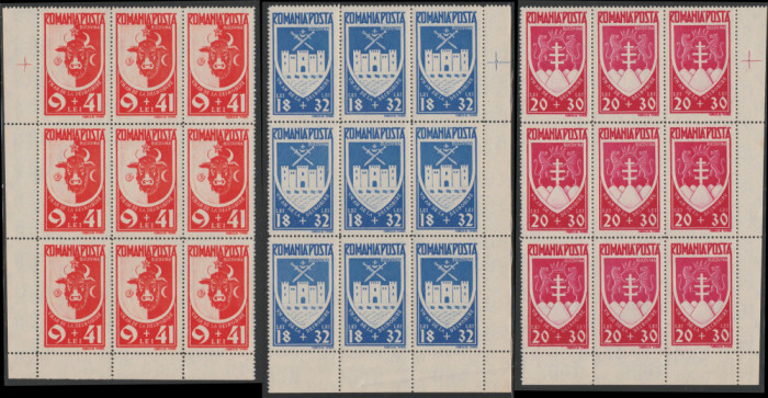 Romania 1942 - Un an Bucovina, LP 148 I blocuri de 9 timbre MNH, colt de coala