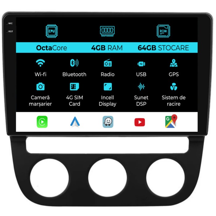 Navigatie Dedicata Volkswagen Golf5 Jetta (2004-2009), 10Inch, 4Gb Ram, 64Gb Stocare, Carplay - Clima Automata