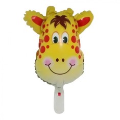 Balon din folie metalizata, flippy, mini figurine animalute, model girafa, tematica aniversare, 32x45 cm, ambalaj individual, pai inclus, umflare cu a