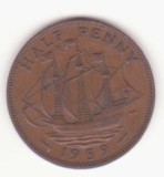 Marea Britanie &frac12; Penny 1959 - Elizabeth II 1st portrait; without &#039;BRITT:OMN&#039;, Europa, Bronz