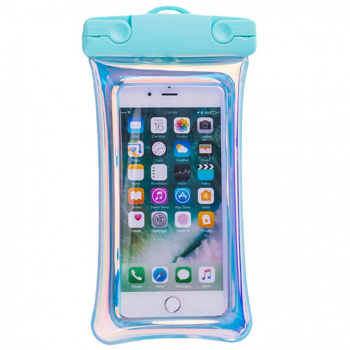 Husa subacvatica holografica waterproof flippy, snowproof, universala, impermeabila, cu snur, pentru telefon sau documente, bleu