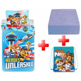 Cumpara ieftin Lenjerie de pat Paw Patrol, 2 Piese, 100x135cm, 40x60 cm, 100% Bumbac CADOU Cearceaf Albastru + Rucsac