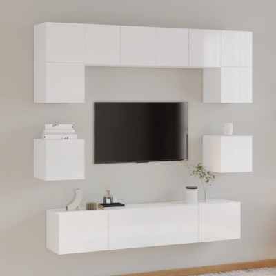 Set dulap TV, 8 piese, alb extralucios, lemn prelucrat foto