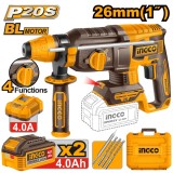 Ciocan rotopercutor INGCO CRHLI262085E, 20V, Brushless, SDS Plus, 2.5J, 26mm beton, 13mm otel, 30mm lemn, 0-1100 RPM, 0-5000 BPM, LED, 2 acumulatori 4
