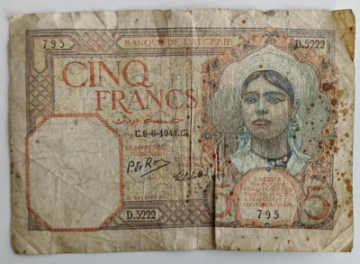 Bancnota Algeria - 5 Francs 6-6-1941 foto