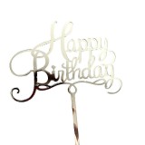 Decoratiune topper pentru tort, flippy, model happy birthday, tematica aniversare, 10 cm, argintiu